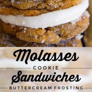 A stack of sandwich cookies filled with white buttercream frosting, lightly coated in sugar, sits on parchment, with one close up. Text reads: “Molasses Cookie Sandwiches Buttercream Frosting.”.
