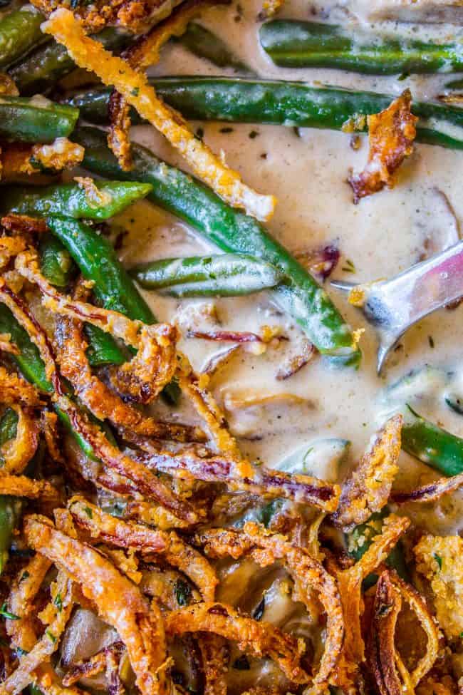 homemade green bean casserole with crispy fried onions.