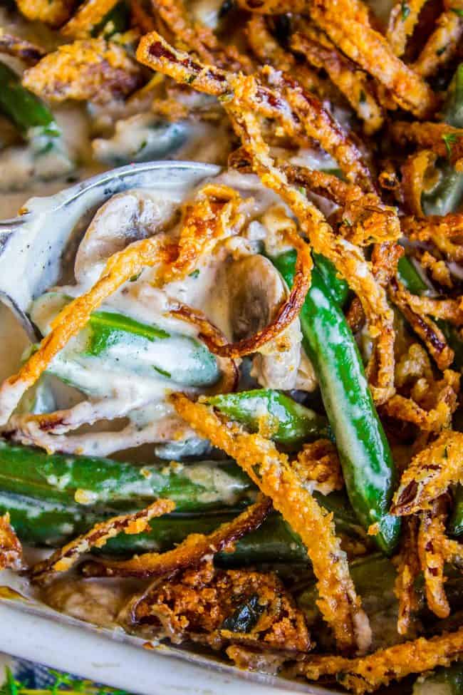 green bean casserole with creamy homemade sauce and crispy fried onions. 