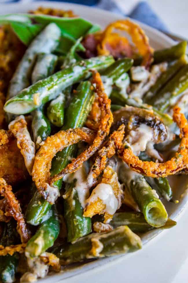 green bean casserole from scratch with crispy fried onions on top.