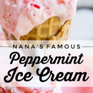 Close-up of a cone filled with creamy peppermint ice cream, topped with crushed peppermint candy and a small candy cane. Text reads: Nanas Famous Peppermint Ice Cream. Visible peppermint pieces add a festive touch.