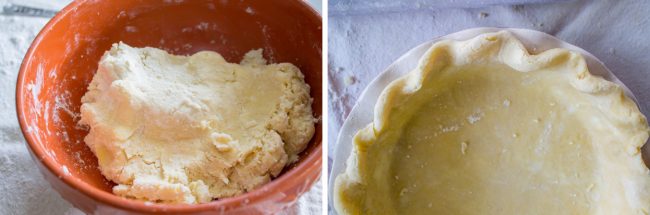 pie crust dough in a bowl, then shaped and fluted in a pie pan. 