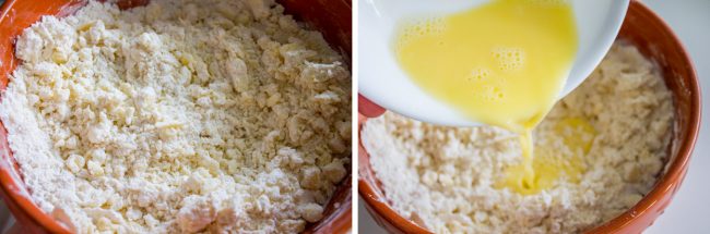 pouring cold water and beaten eggs into dry ingredients for pie crust.