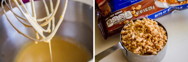 pecan pie mixture dripping from a whisk, measuring toffee bits in a measuring cup.