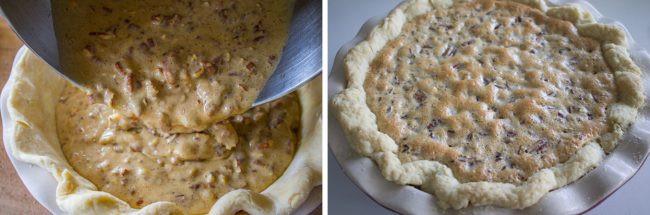 pouring pecan fie filling into a pie crust, then the baked pecan pie. 