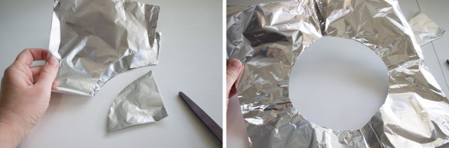 cutting a triangle out of a tinfoil square to make a pie shield.