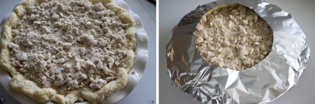 adding streusel to the top of a pecan pie, then adding a tinfoil pie shield.