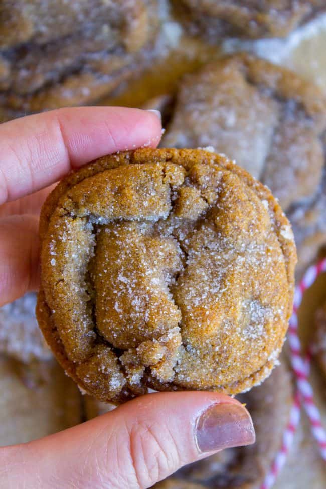 hand holding a sugar-rolled molasses cookie.