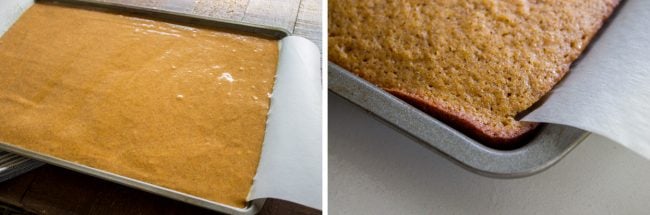 pumpkin cake batter in a jelly roll pan, pumpkin cake fully baked.