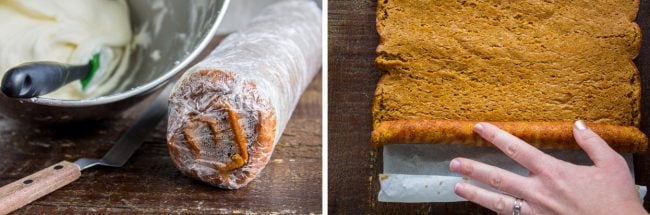 pumpkin cake rolled into a log and wrapped in plastic wrap; pumpkin cake rolled back out for frosting.