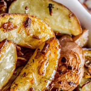 Close-up of golden-brown roasted potatoes and onions with crispy edges, served in a white dish. Text above reads: Roasted Potatoes with Onion Soup Mix.