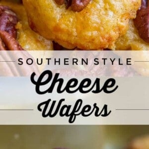 Golden, round cheese wafers topped with pecan halves are stacked closely together. The text "Southern Style Cheese Wafers" appears between two images of this savory snack.