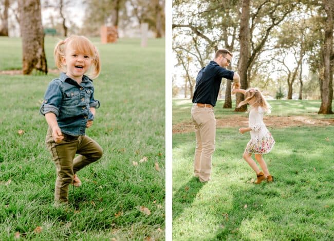 family photo of toddler, dad & daughter dancing together.