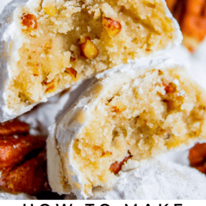 Mexican wedding cookies, broken in half, with pecans.
