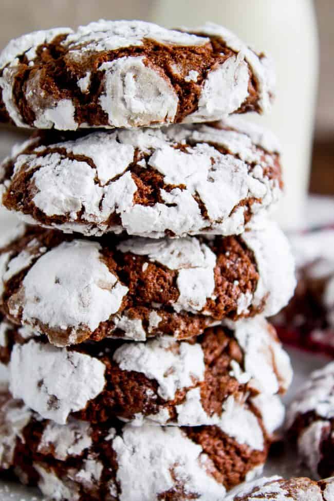 a stack of chocolate crinkle cookies.