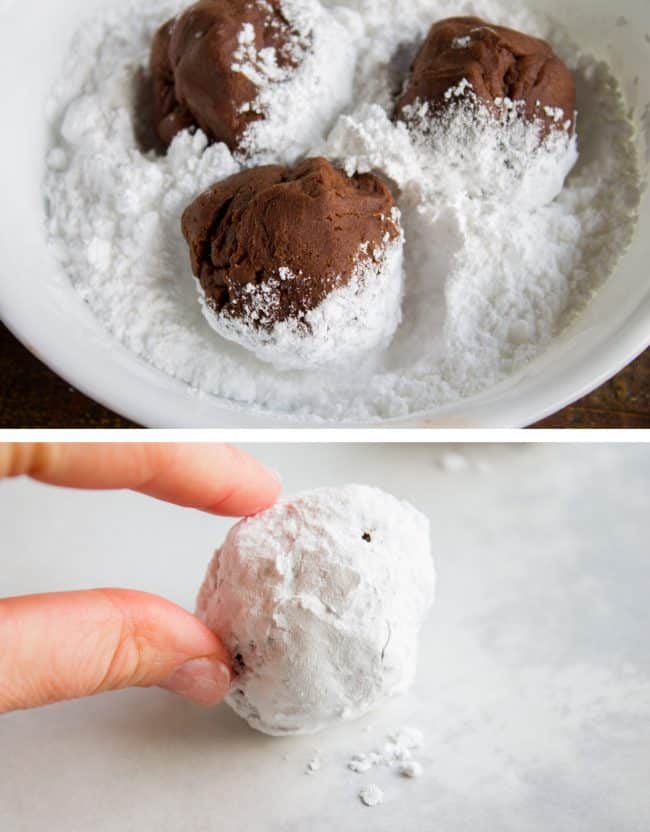 rolling chocolate cookie dough in powdered sugar.