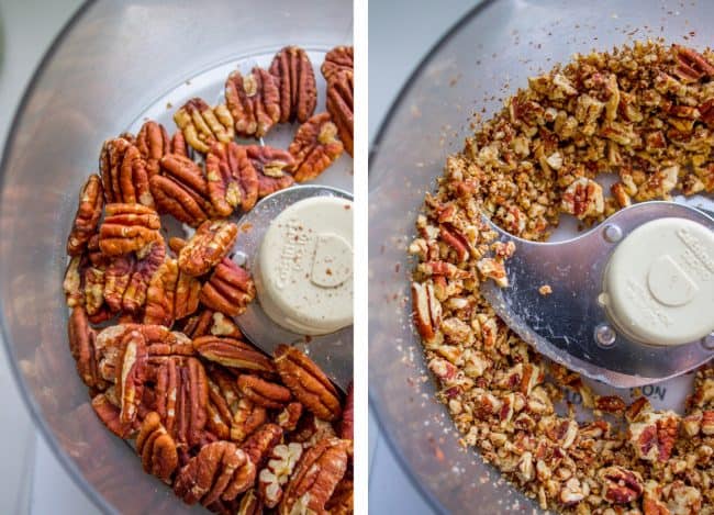 Pecans in food processor before and after chopping.