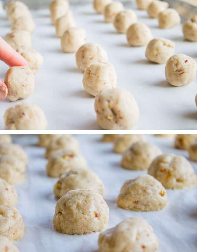 rolled russian tea cake dough before and after baking.