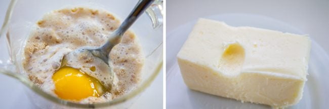 measuring cup with egg and spoon, melted butter showing how to make cinnamon rolls