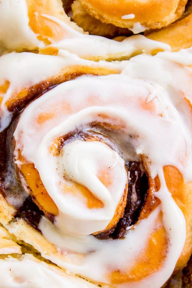 close up of the top of homemade cinnamon rolls.