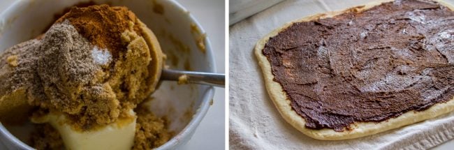 a bowl showing brown sugar next to rolled-out best cinnamon rolls dough