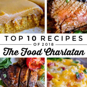 Collage of four close-up photosโfrosted cake, grilled steak, glazed chicken with tomatoes, and cheesy casseroleโwith text reading Top 10 top recipes of 2018 The Food Charlatan in the center.