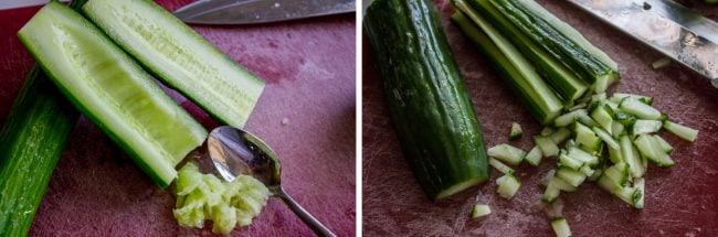 Scraping inside out of cucumbers and chopping for tzatziki sauce.