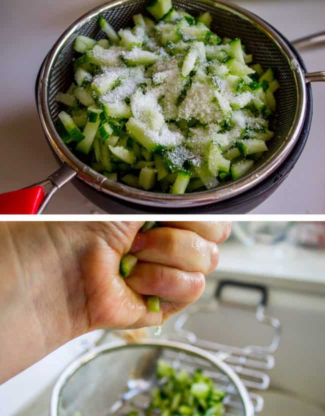 squeezing water out of cucumber, a tzatziki sauce ingredient