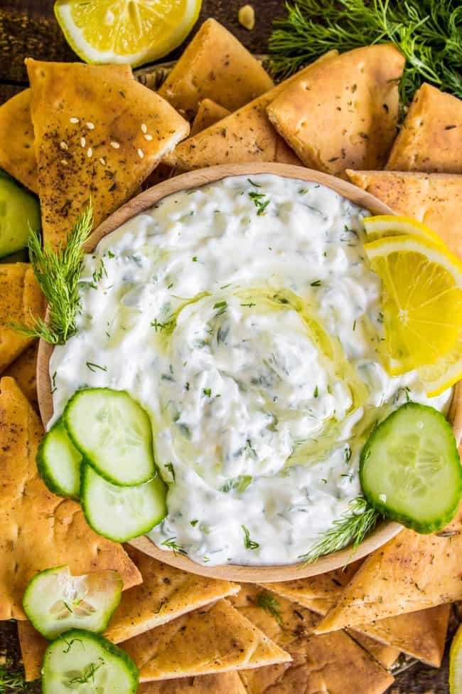 tzatziki sauce in bowl with toasted pita triangles.