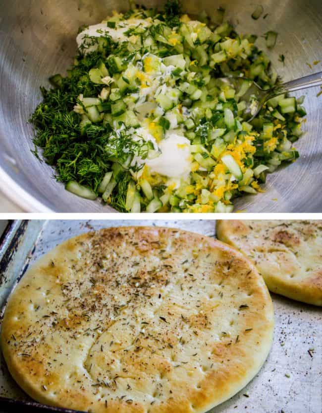 Fresh veggies and herb ingredients and pita bread.