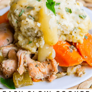 chicken and dumplings with carrots and gravy.