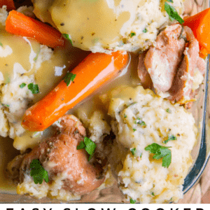 chicken and dumplings with carrots and gravy.