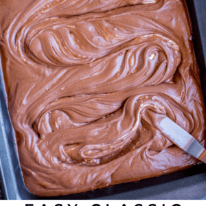 A rectangular pan filled with swirled, glossy chocolate-frosted cake. A metal spatula rests in the bottom right corner of the pan. Text below reads: “Easy Classic Mississippi Mud Cake dessert.”.