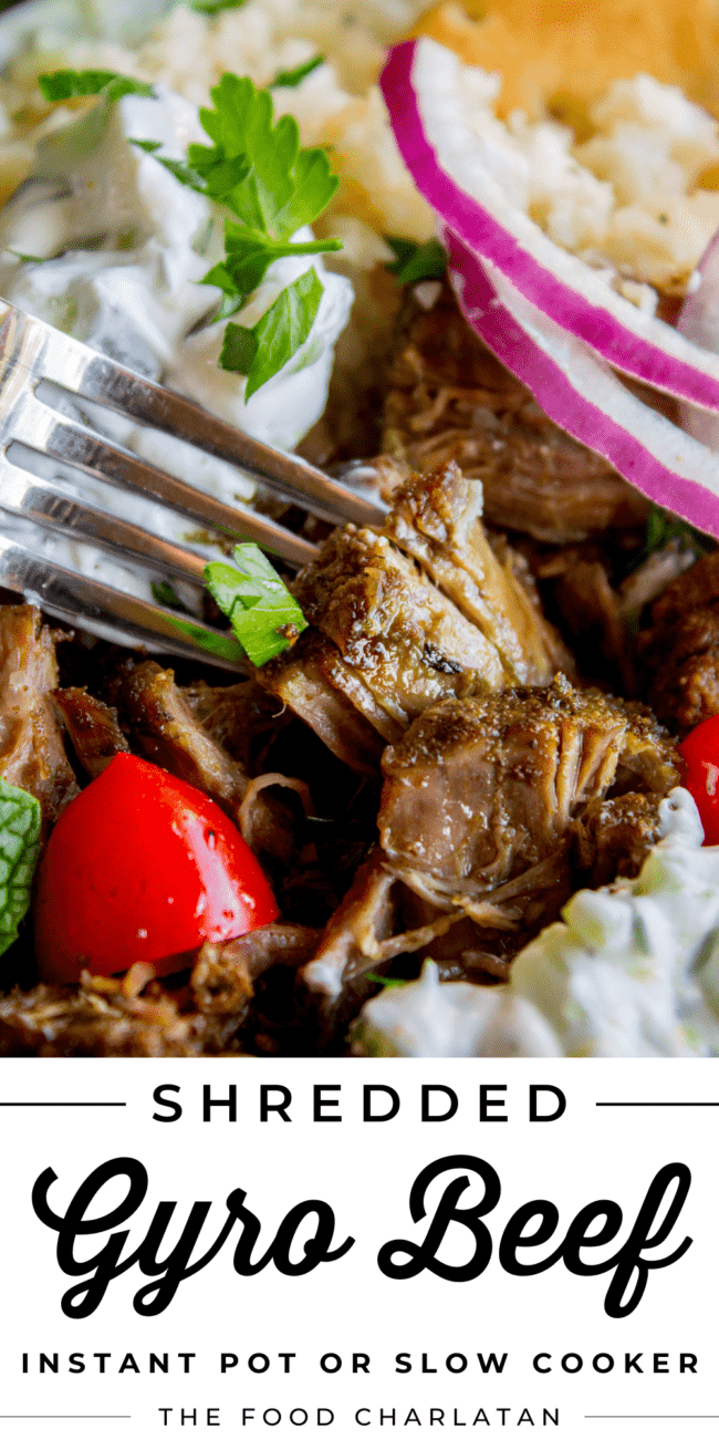 Greek gyro style Instant Pot shredded beef with fresh veggies.