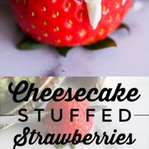A fresh strawberry cut open and filled with creamy cheesecake filling, shown before and after piping, with “Cheesecake Stuffed Strawberries” text across the center.