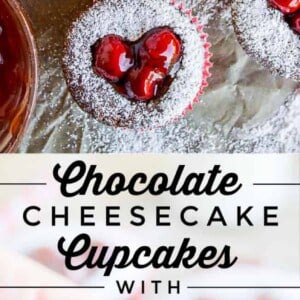 Heart-shaped cheesecake cupcakes with a gooey, creamy chocolate center, topped with cherry filling and powdered sugar, are shown on a baking tray and held in hand. Text overlay reads “Chocolate Cheesecake Cupcakes with Cherry Hearts.”.