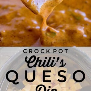 A tortilla chip dips into creamy chili queso dip. Below, a slow cooker holds cubed cheese, chili, and spices, labeled Crock Pot Chilis Queso Dip. Lime wedges and herbs add a fresh touch in the background.