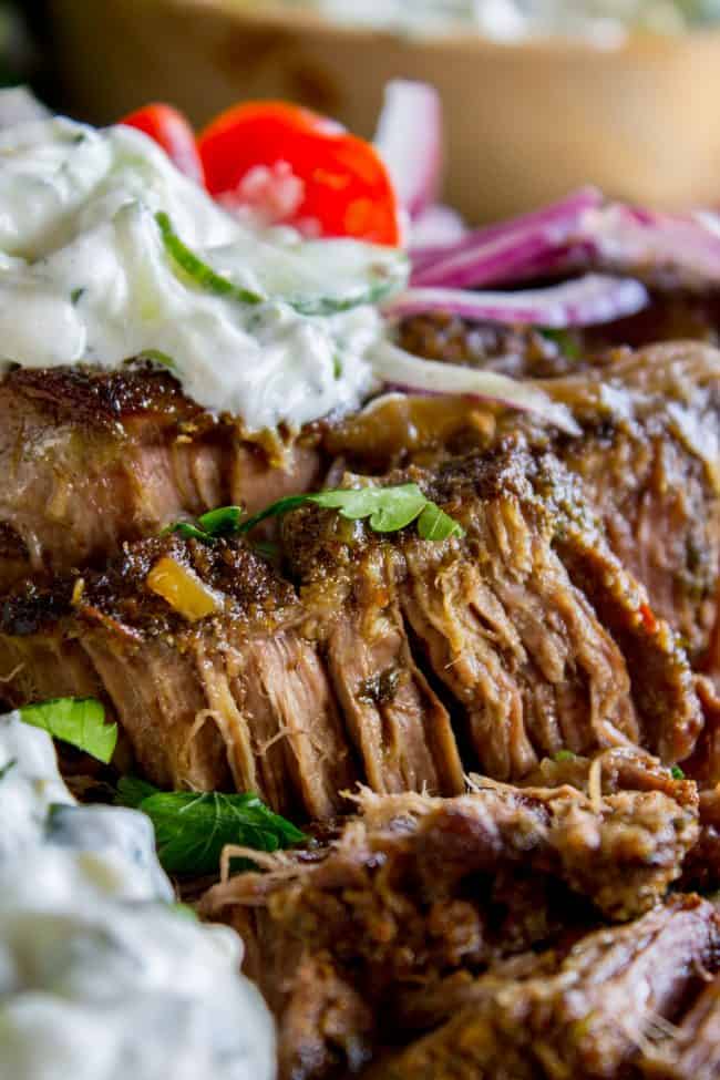 shredded Greek gyro beef with tzatziki sauce and fresh veggies.