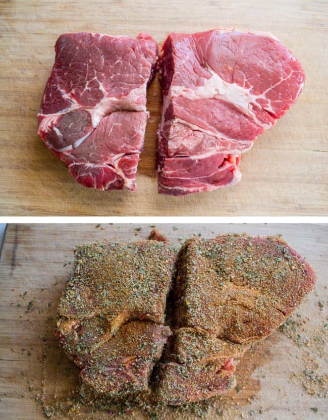 a beef roast cut in half on a wooden cutting board, plain and then rubbed with a blend of spices.