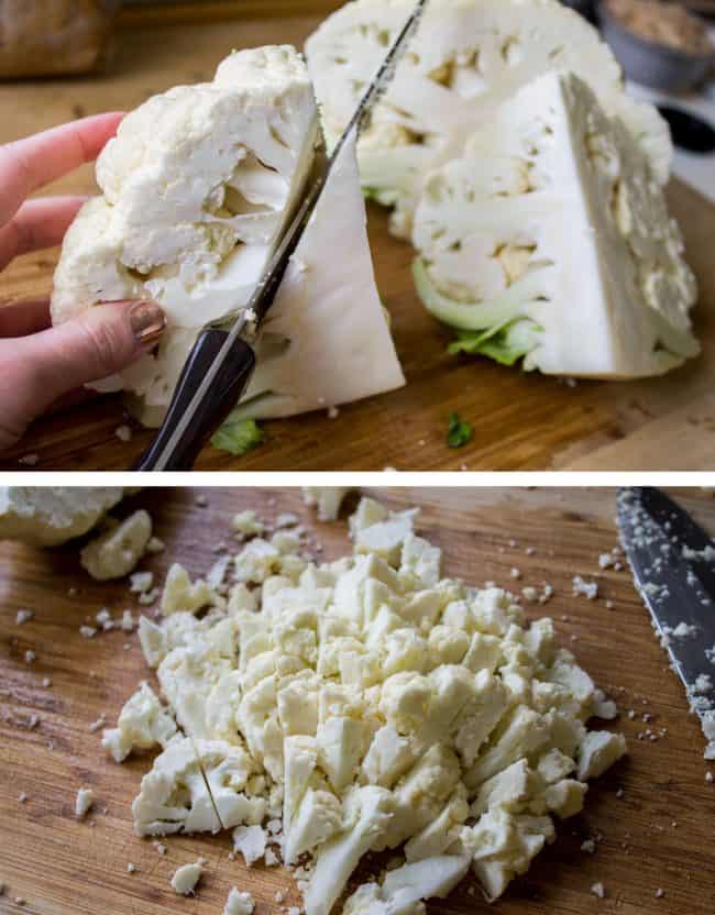 cutting the core away from a cauliflower and then cutting it into smaller pieces on a wooden cutting board.