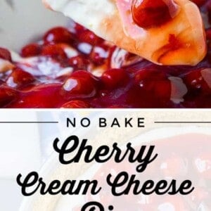 A close-up of a cream cheese pie with a graham cracker crust. A slice is being lifted, revealing the creamy filling and glossy cherry topping. The text overlay reads “No Bake Cherry Cream Cheese Pie.”.