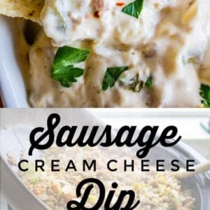 A close-up of a tortilla chip dipped in sausage cream cheese dip garnished with parsley, with the text “Sausage Cream Cheese Dip” and images of cream cheese and sausage in a slow cooker.