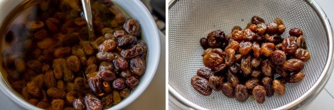 soaking raisins to make them plump and soft for oatmeal raisin cookies.