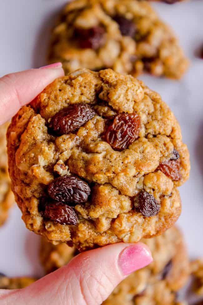 hand holding a soft and chewy oatmeal raisin cookie. 