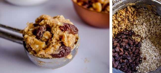 Oatmeal raisin cookie dough in a cookie scoop and in a mixing bowl.