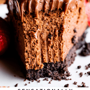 A close-up of a slice of chocolate cheesecake with a luscious ganache topping, set on a chocolate cookie crust. Text below reads: “Sensationally smooth chocolate cheesecake. The Food Charlatan.”.