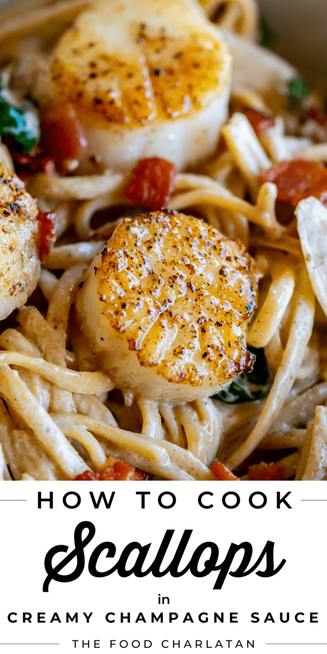 pan seared sea scallops with pasta and sauce.