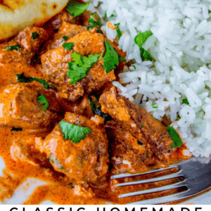 A close-up of flavorful chicken tikka masala topped with cilantro, served with white rice and naan bread on a white plate. Text reads: Classic Slow Cooker Chicken Tikka Masala.