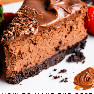 chocolate cheesecake with an Oreo crust and chocolate curls.