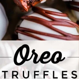 Close-up image of Oreo truffles, some drizzled with white or dark chocolate. One truffle has a bite taken out, revealing its rich chocolatey inside. Whole and crumbled Oreos are scattered among the decadent Oreo truffles.